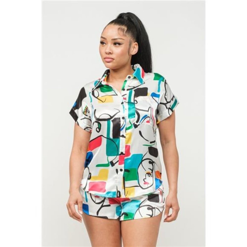 New! Satin dolman print button down top and shorts pajama set